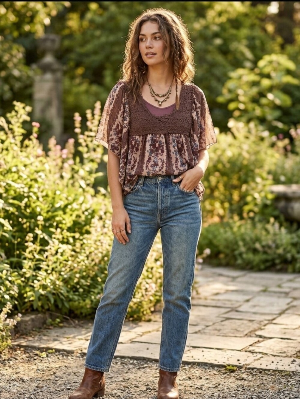 Eyelash Couture Boho Floral Lace Chiffon Blouse